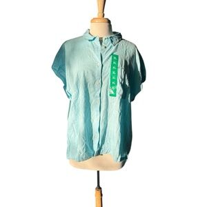 New Orvis Light Blue Short Sleeve Linen Blouse Size XL